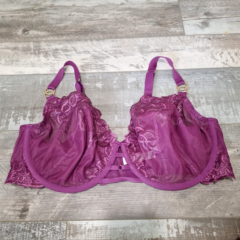 EUC Cacique Size 44DD Sheer Mesh Lace Purple Balconette Underwire Strappy